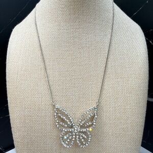 Lane Bryant Silver Tone Rhinestone‎ Butterfly Pendant Necklace Adjustable Chain